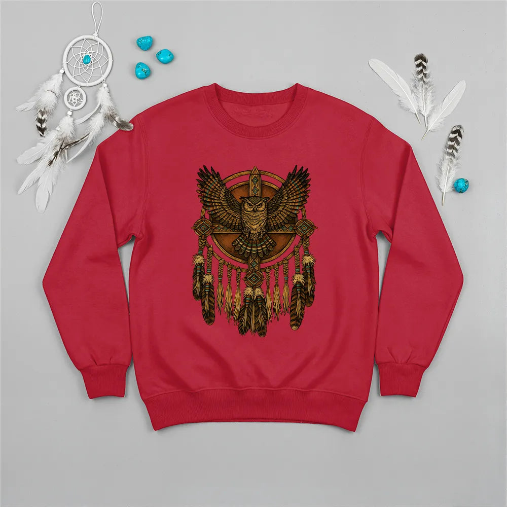 Red sweatshirt with a Native-inspired owl dreamcatcher design, symbolizing wisdom and protection.