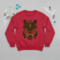 Red sweatshirt with a Native-inspired owl dreamcatcher design, symbolizing wisdom and protection.