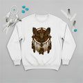 White sweatshirt with a detailed tribal owl and dreamcatcher design, reflecting wisdom and cultural heritage.