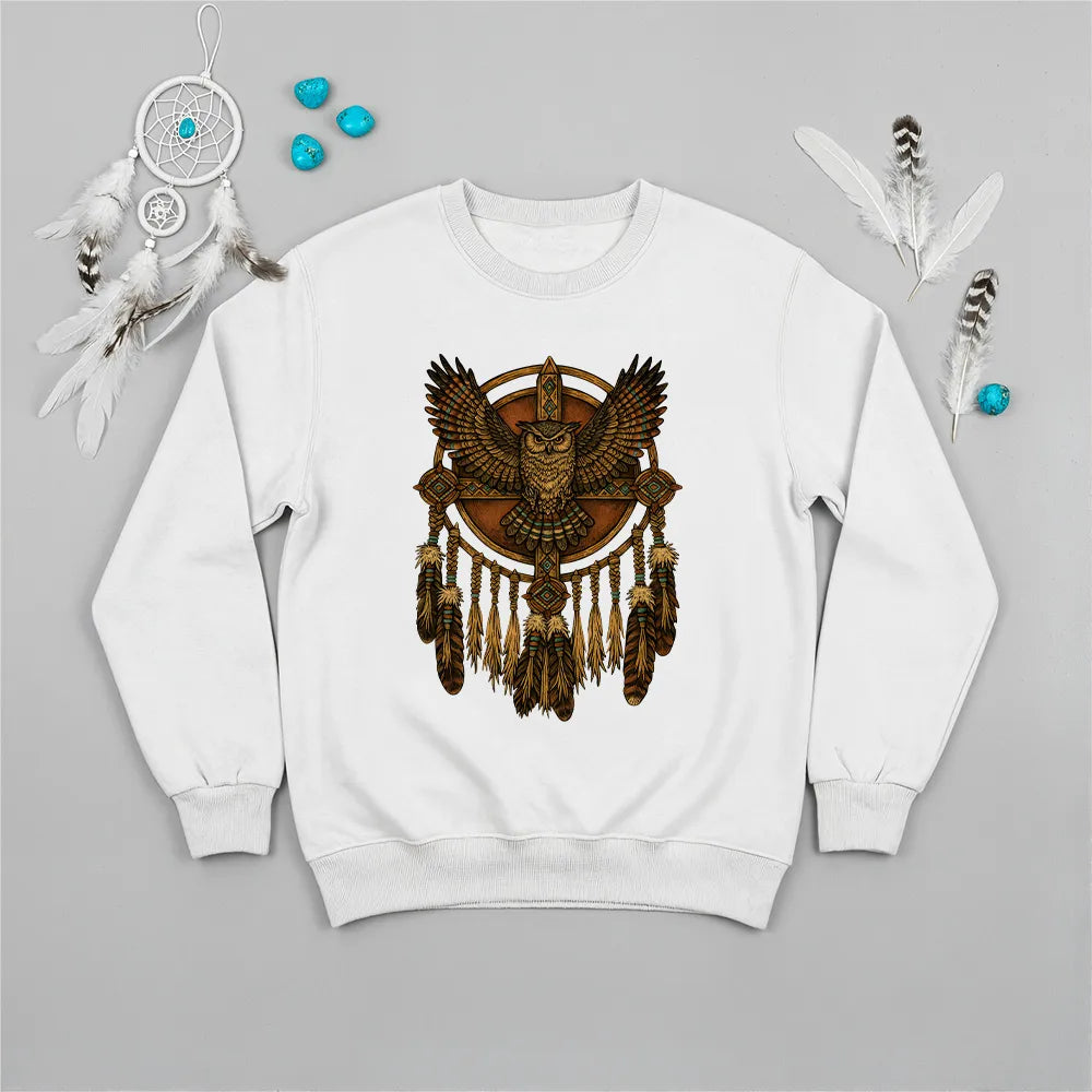 White sweatshirt with a detailed tribal owl and dreamcatcher design, reflecting wisdom and cultural heritage.