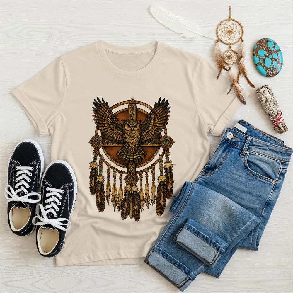 Beige t-shirt with an owl and dreamcatcher design, embodying Native cultural symbols of peace and guidance.