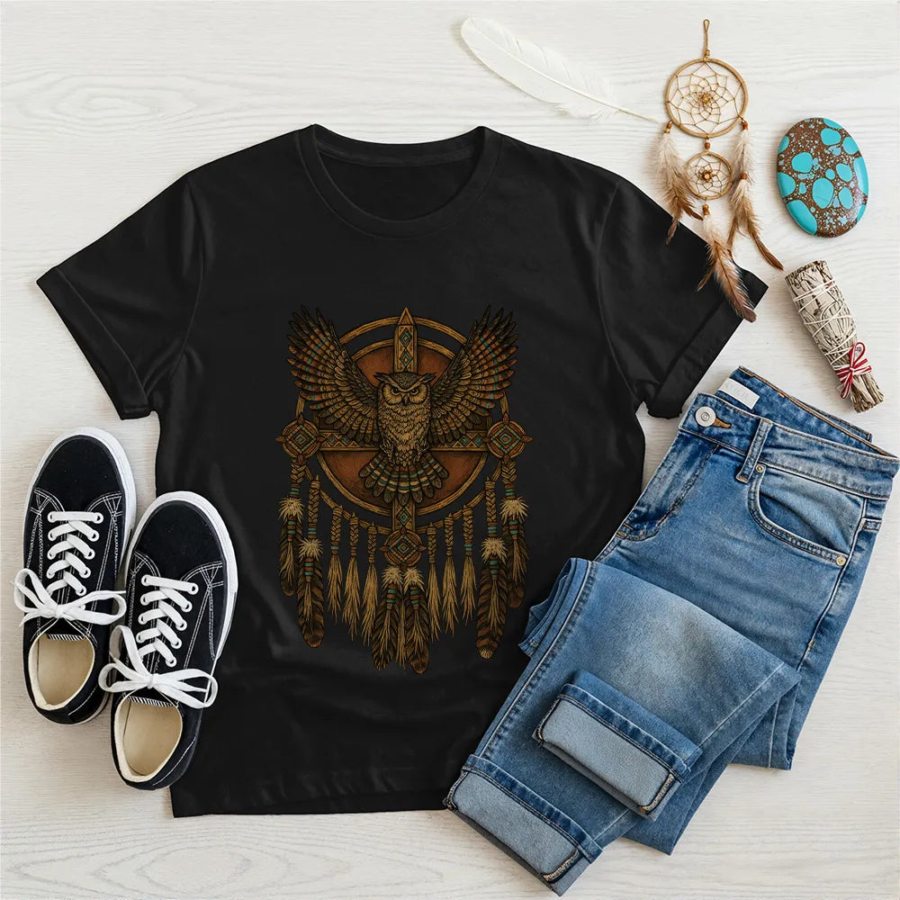 Black t-shirt featuring a detailed Native-inspired owl and dreamcatcher design for spiritual protection.