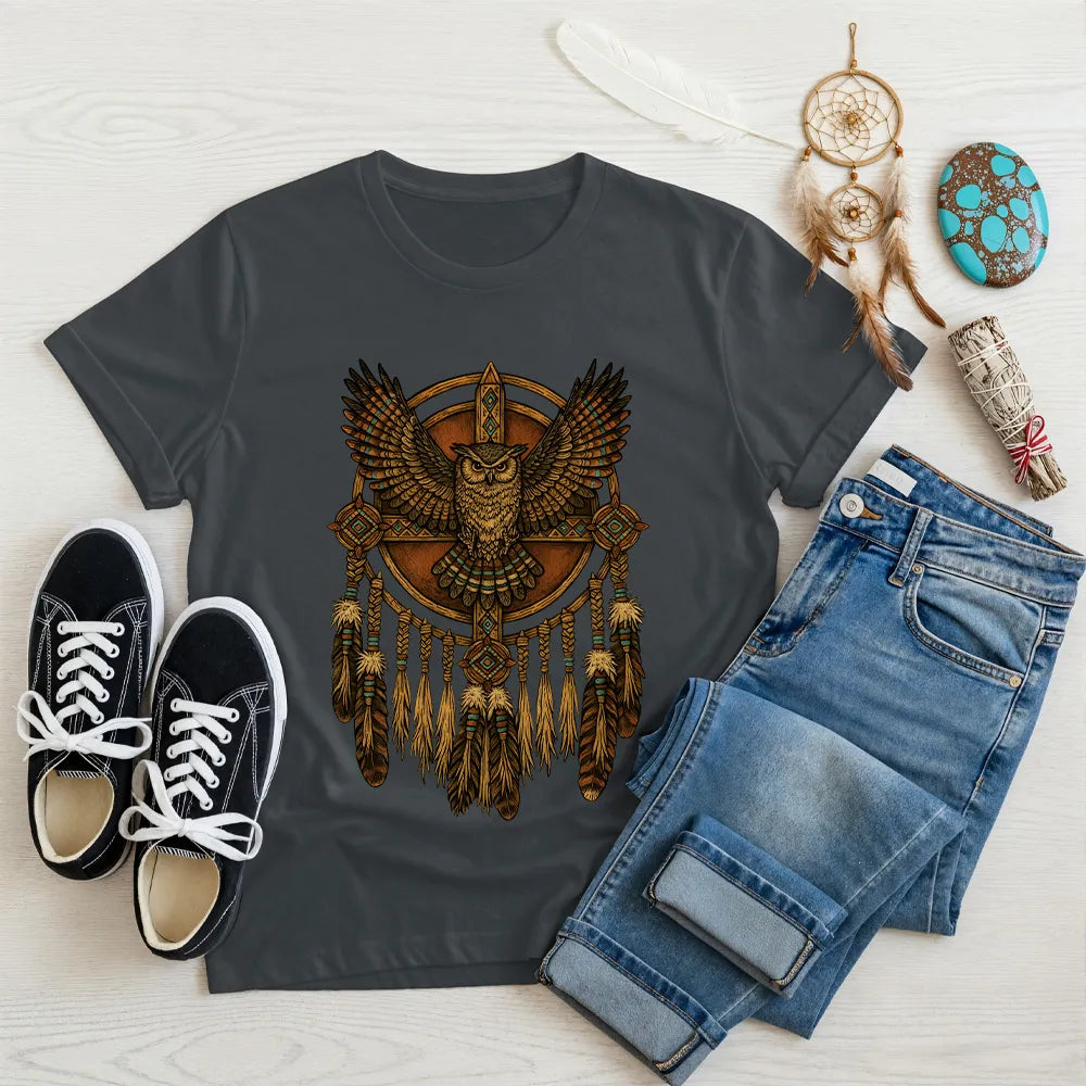 Yellow t-shirt showcasing a powerful Native owl dreamcatcher design, symbolizing protection and wisdom.