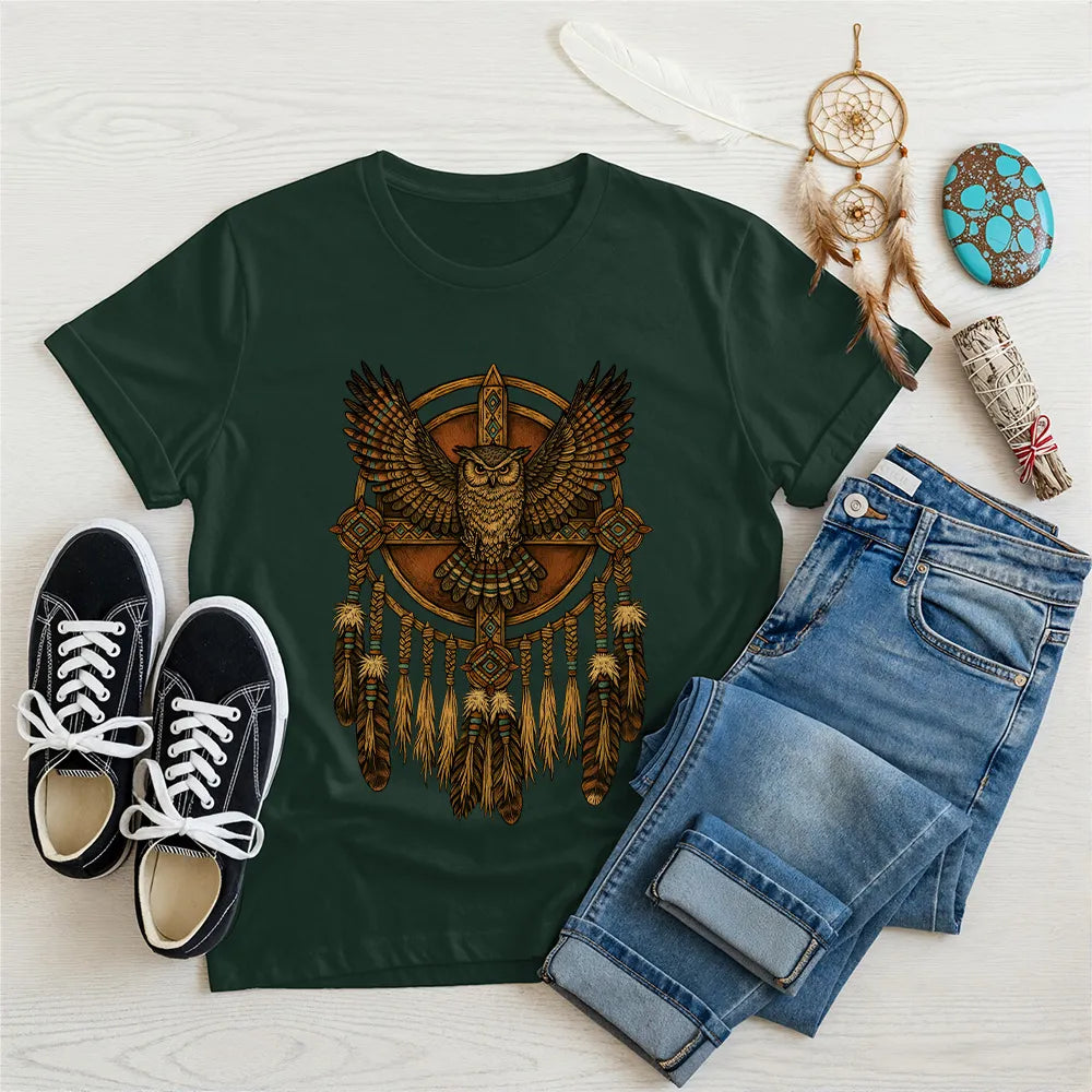 Green t-shirt with an owl and dreamcatcher design, representing strength and guidance from Native traditions.
