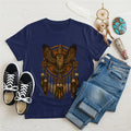 Navy t-shirt featuring an owl within a dreamcatcher design, inspired by Native American tribal art.