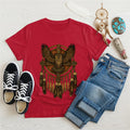Red t-shirt featuring a Native-inspired owl dreamcatcher design, blending tribal and spiritual elements.