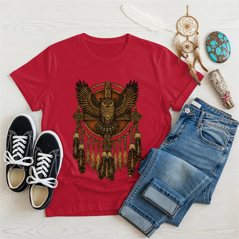 Red t-shirt featuring a Native-inspired owl dreamcatcher design, blending tribal and spiritual elements.