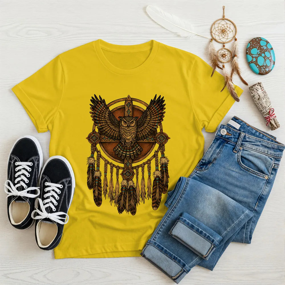 Yellow t-shirt showcasing a powerful Native owl dreamcatcher design, symbolizing protection and wisdom.