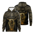 Native American-inspired hoodie featuring black and gold geometric patterns and a powerful image of a Native elder in front of a buffalo skull, embodying Native pride and culture.