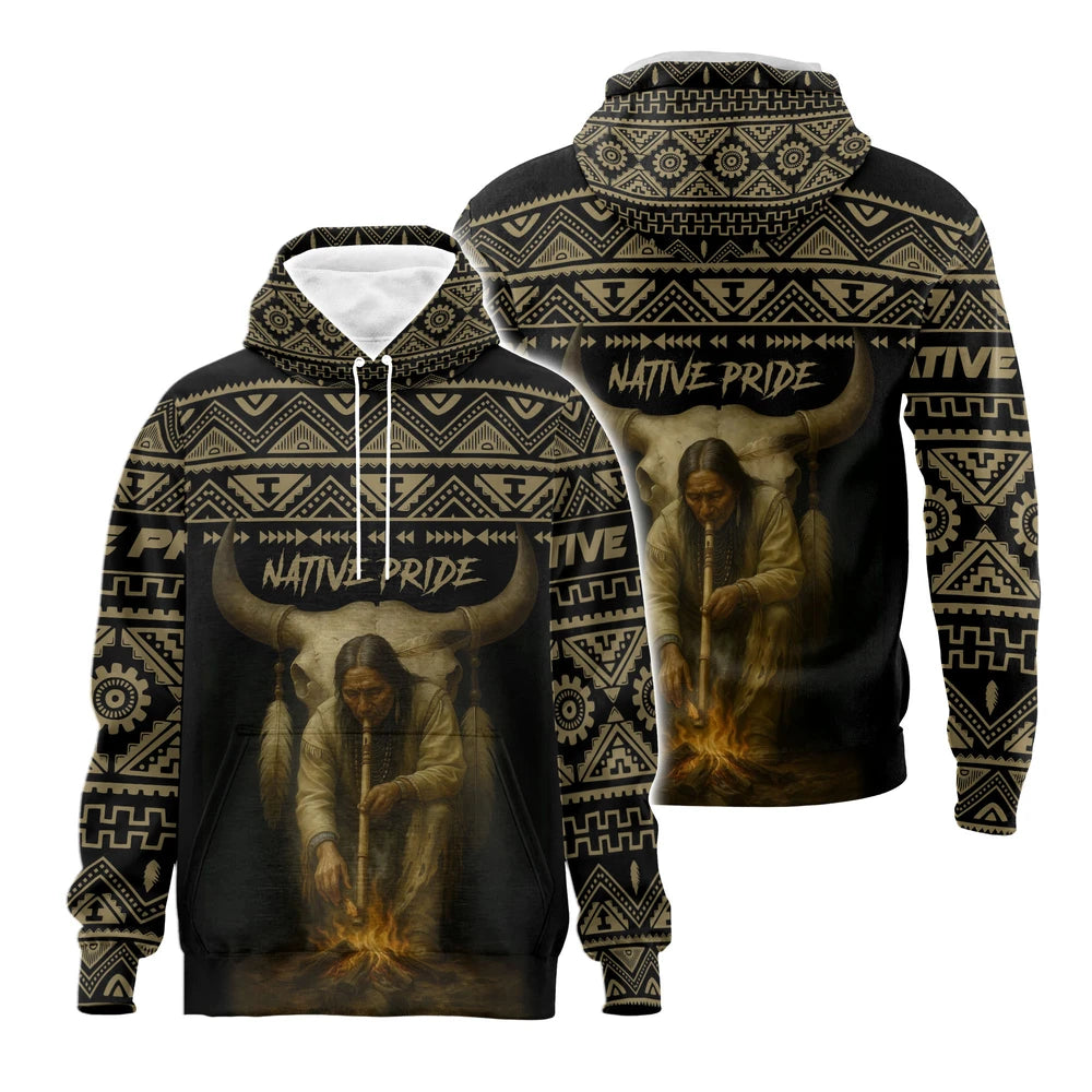 Native American-inspired hoodie featuring black and gold geometric patterns and a powerful image of a Native elder in front of a buffalo skull, embodying Native pride and culture.