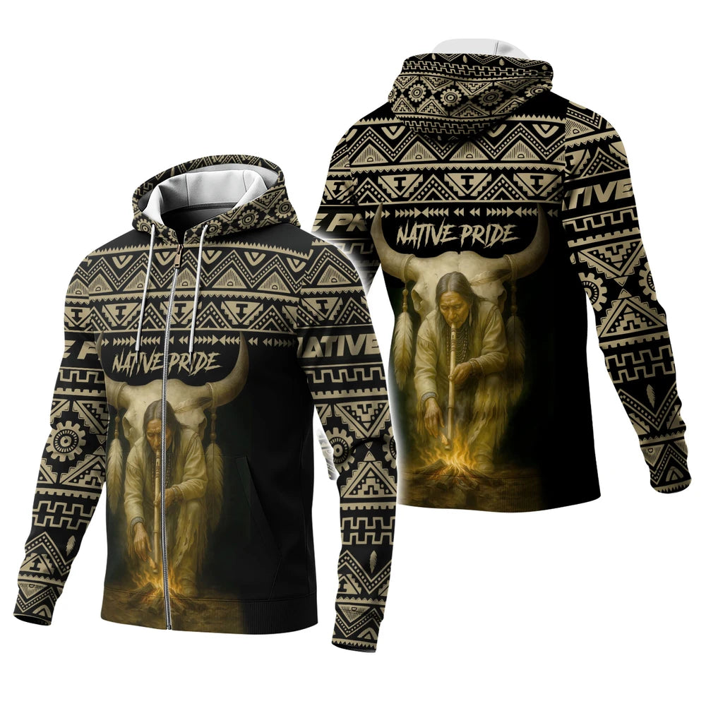 Front and back view of a hoodie showcasing intricate tribal patterns in black and gold, with a striking image of a Native elder and buffalo skull symbolizing Native Pride.