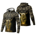 Front and back view of a hoodie showcasing intricate tribal patterns in black and gold, with a striking image of a Native elder and buffalo skull symbolizing Native Pride.