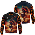 A striking bomber jacket designed with an all-over print featuring a powerful Native American dancer against a fiery tribal sunset graphic, symbolizing 