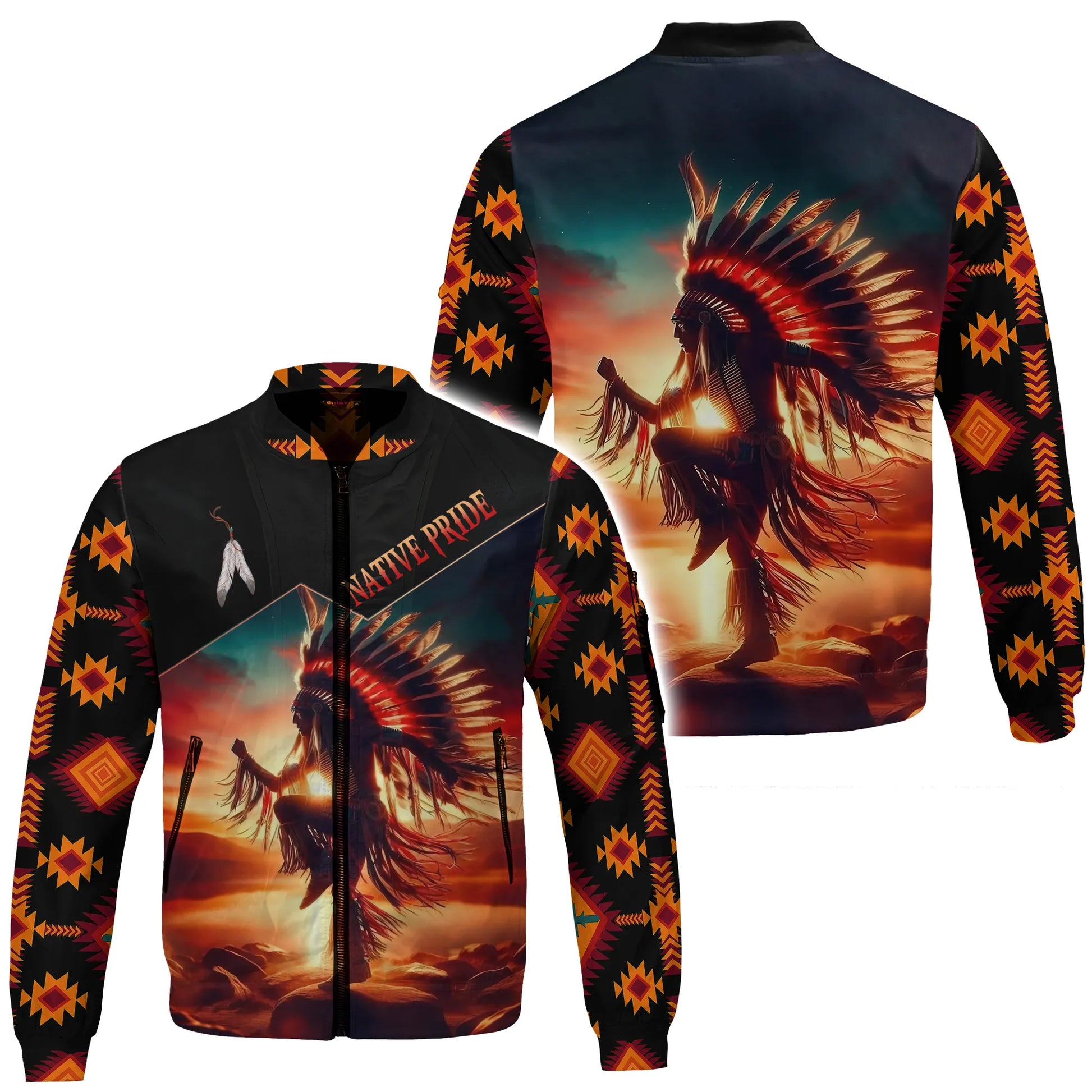 A striking bomber jacket designed with an all-over print featuring a powerful Native American dancer against a fiery tribal sunset graphic, symbolizing "Native Pride." The black base is contrasted with vibrant orange and red tribal patterns on the sleeves and collar. This jacket offers a blend of contemporary style and deep cultural heritage, making it a bold statement piece for everyday wear.