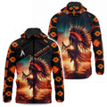 This hooded windbreaker jacket features an impactful all-over print of a Native American dancer set against a dramatic tribal sunset, proudly proclaiming 