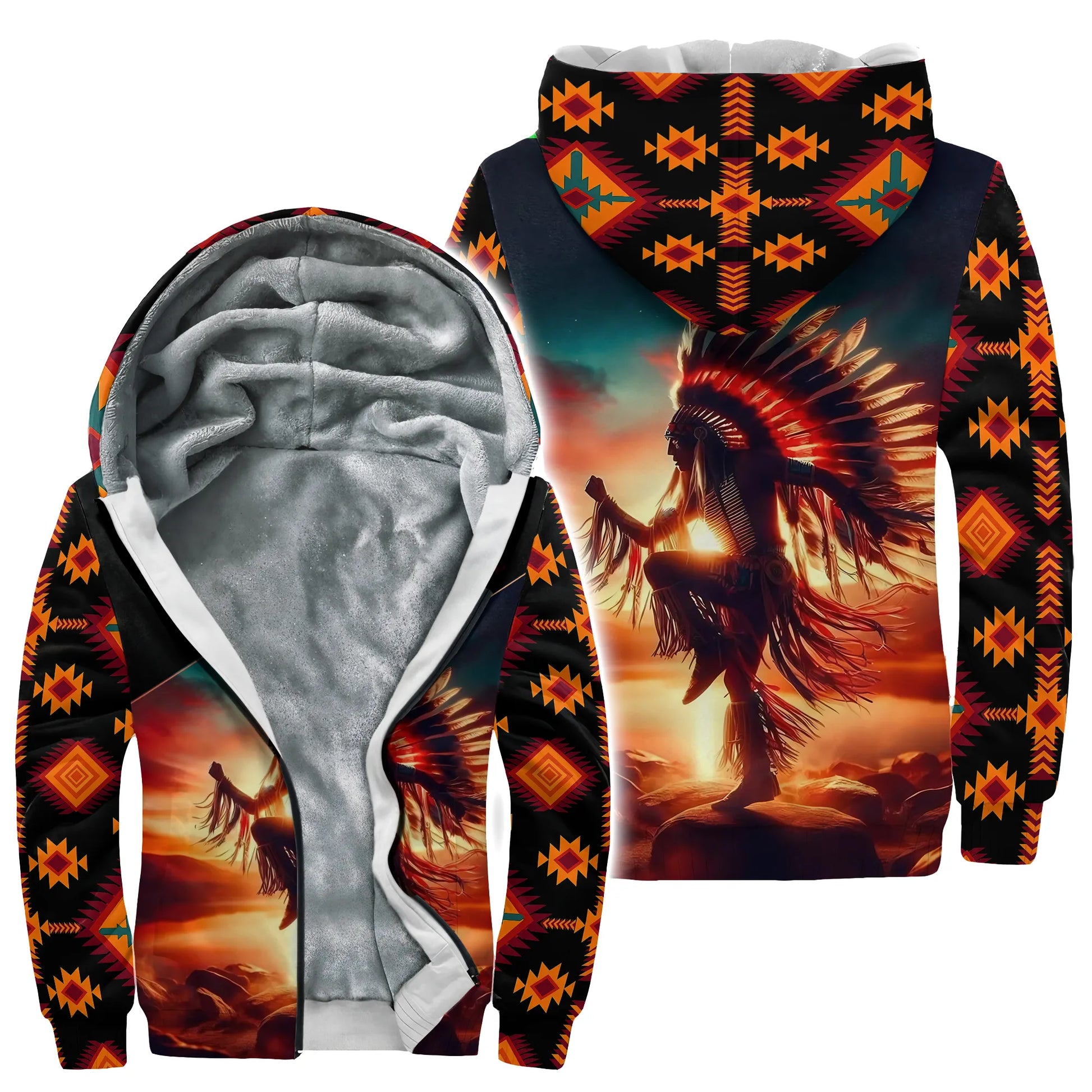 This cozy, fleece-lined hoodie features a vibrant tribal sunset graphic with a dynamic Native American dancer, embodying "Native Pride." The sleeves and hood are adorned with bold, geometric tribal patterns in warm orange, red, and black tones. With its soft interior, this pullover is perfect for embracing comfort while showcasing heritage and unique style, suitable for various casual occasions.