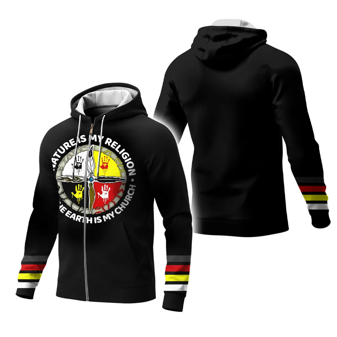 Hoodie with striking Native American handprint graphic.