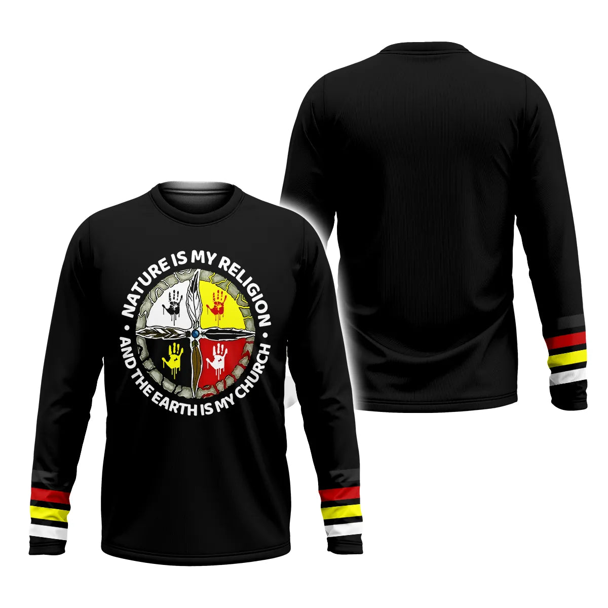 Premium long sleeve T-shirt featuring symbolic Native American handprint design.