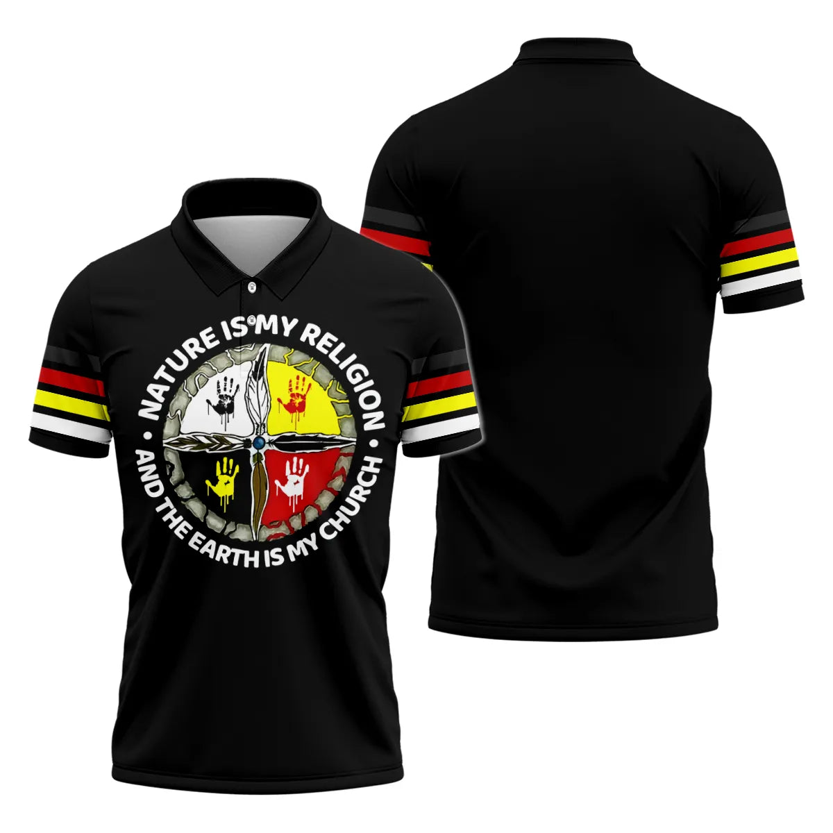  Premium polo shirt featuring symbolic Native American handprint design.