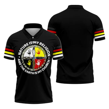  Premium polo shirt featuring symbolic Native American handprint design.
