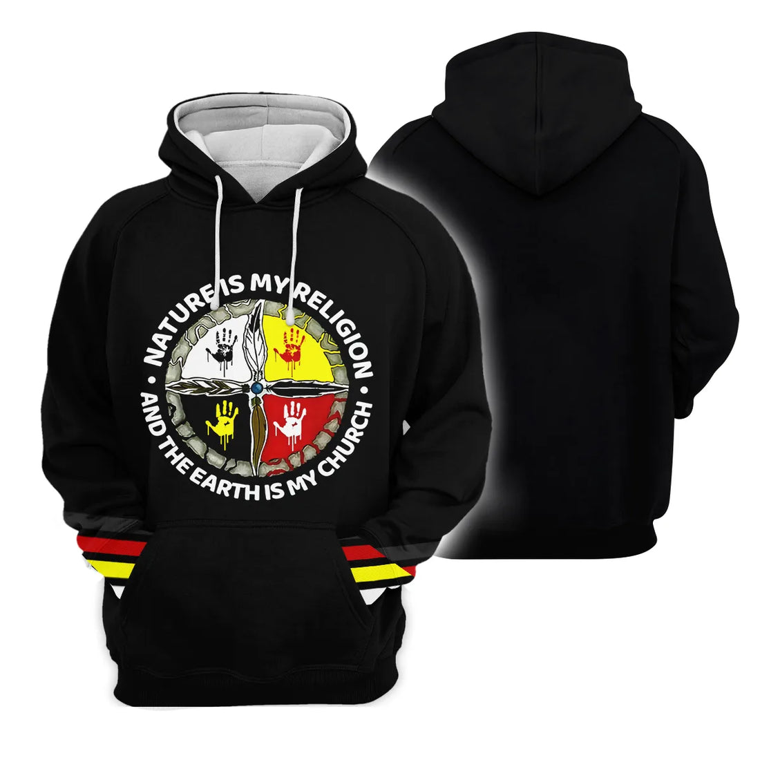 Hoodie with striking Native American handprint graphic.