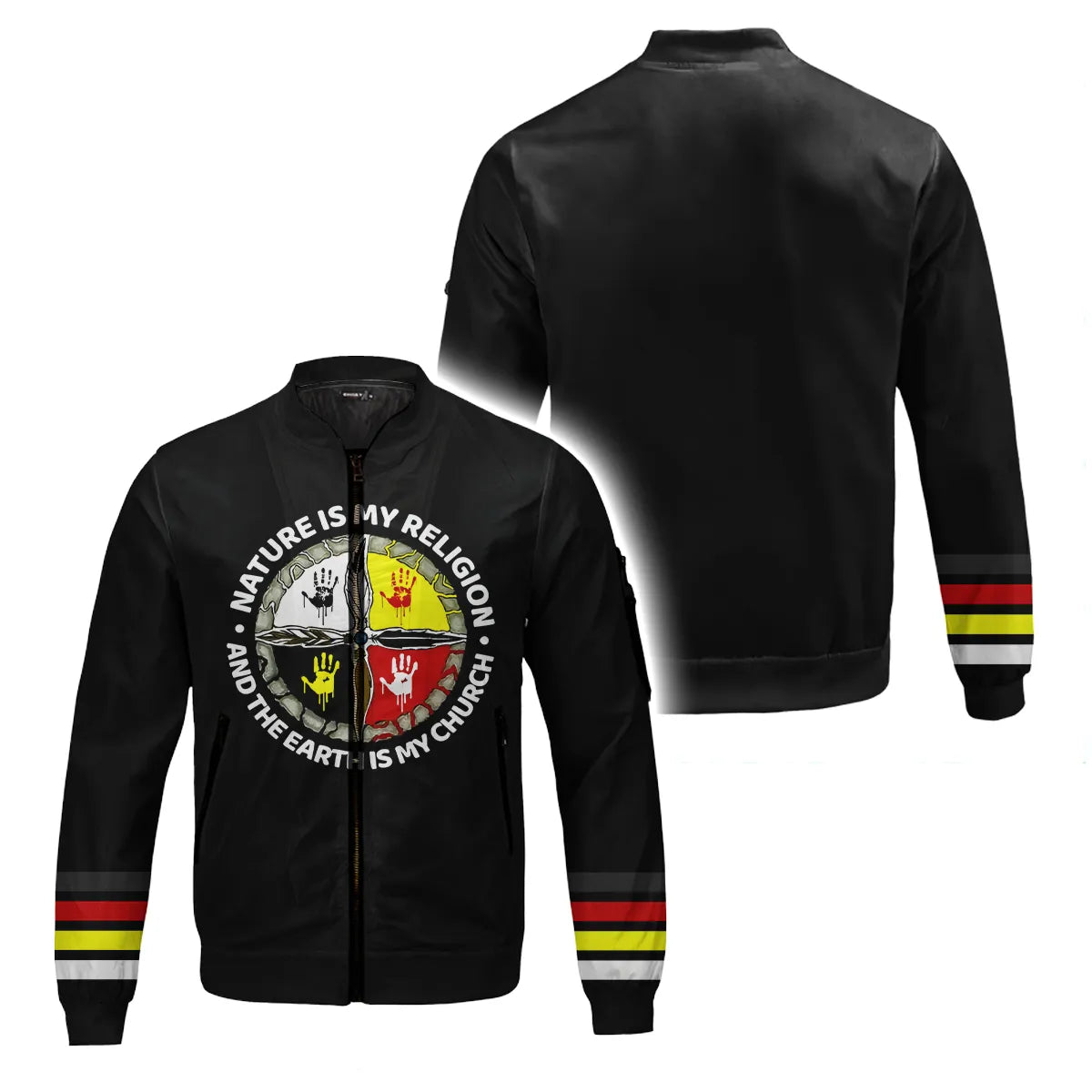 Bomber jacket with Native American handprints and meaningful graphic.