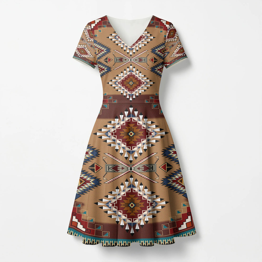 Front view of a women's V-neck mini dress with Native American Navajo Aztec geometric patterns in earthy tones.