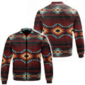 Front and back views of a bomber-style jacket featuring authentic Navajo Diné boho tribal geometric motifs in deep red, black, turquoise, and golden-yellow, with a stand-up collar, full-length zipper, side pockets, and ribbed cuffs and hem.