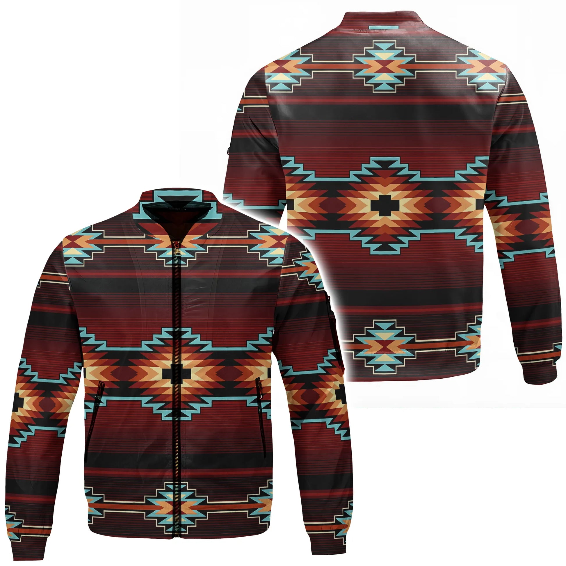 Front and back views of a bomber-style jacket featuring authentic Navajo Diné boho tribal geometric motifs in deep red, black, turquoise, and golden-yellow, with a stand-up collar, full-length zipper, side pockets, and ribbed cuffs and hem.