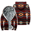 Front and back views of a fleece-lined hoodie jacket featuring authentic Navajo Diné boho tribal geometric motifs in deep red, black, turquoise, and golden-yellow, with a full-length zipper, hood, and integrated pockets.
