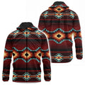 Front and back views of a lightweight windbreaker hoodie jacket showcasing authentic Navajo Diné boho tribal geometric motifs in deep red, black, turquoise, and golden-yellow, with a full hood (black interior lining), full-length zipper, and side pockets.