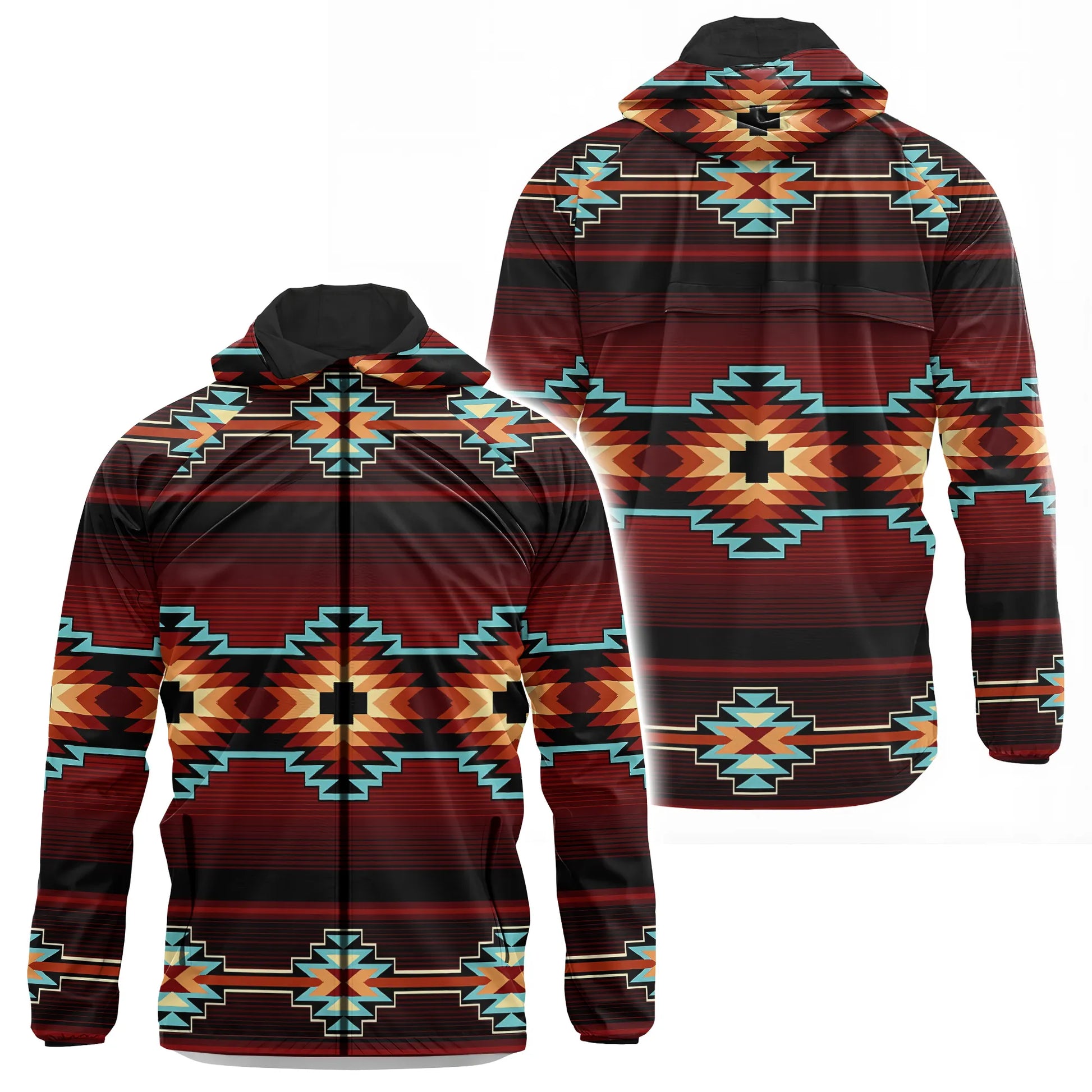 Front and back views of a lightweight windbreaker hoodie jacket showcasing authentic Navajo Diné boho tribal geometric motifs in deep red, black, turquoise, and golden-yellow, with a full hood (black interior lining), full-length zipper, and side pockets.