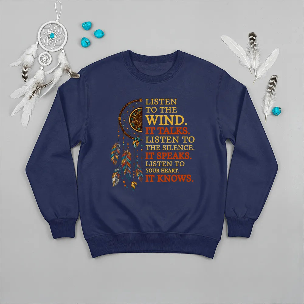 Navy blue sweatshirt featuring Native America inspirational quote and dreamcatcher graphic