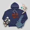 Navy hoodie featuring brown teepee and feather totem graphic with quote “American History Begins with Native History.