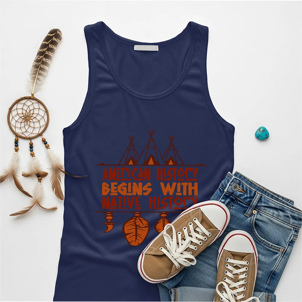 Navy tank top with teepee and feather totem design and quote “American History Begins with Native History.”