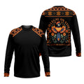 Front and back view of a black Long sleeveT-shirt. The back showcases a colorful tribal bird graphic amidst flowers, with the text 