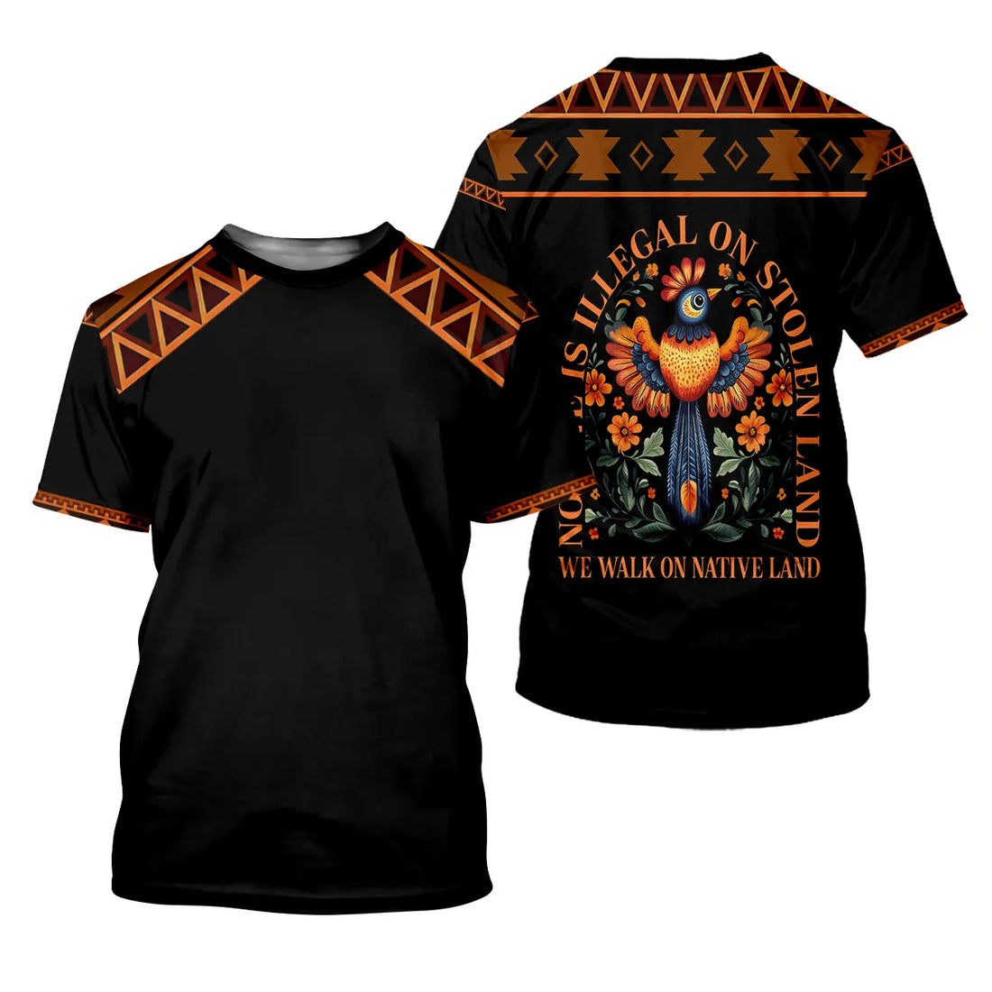 Black polo shirt with bold orange‑and‑brown tribal triangle border on shoulders and sleeve cuffs; back showcases a vibrant stylized bird surrounded by orange blossoms, framed by the text “No One Is Illegal on Stolen Land” arched above and “We Walk on Native Land” below.