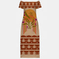 Earth-toned long dress with “Happy Summer Solstice” sun and floral graphics