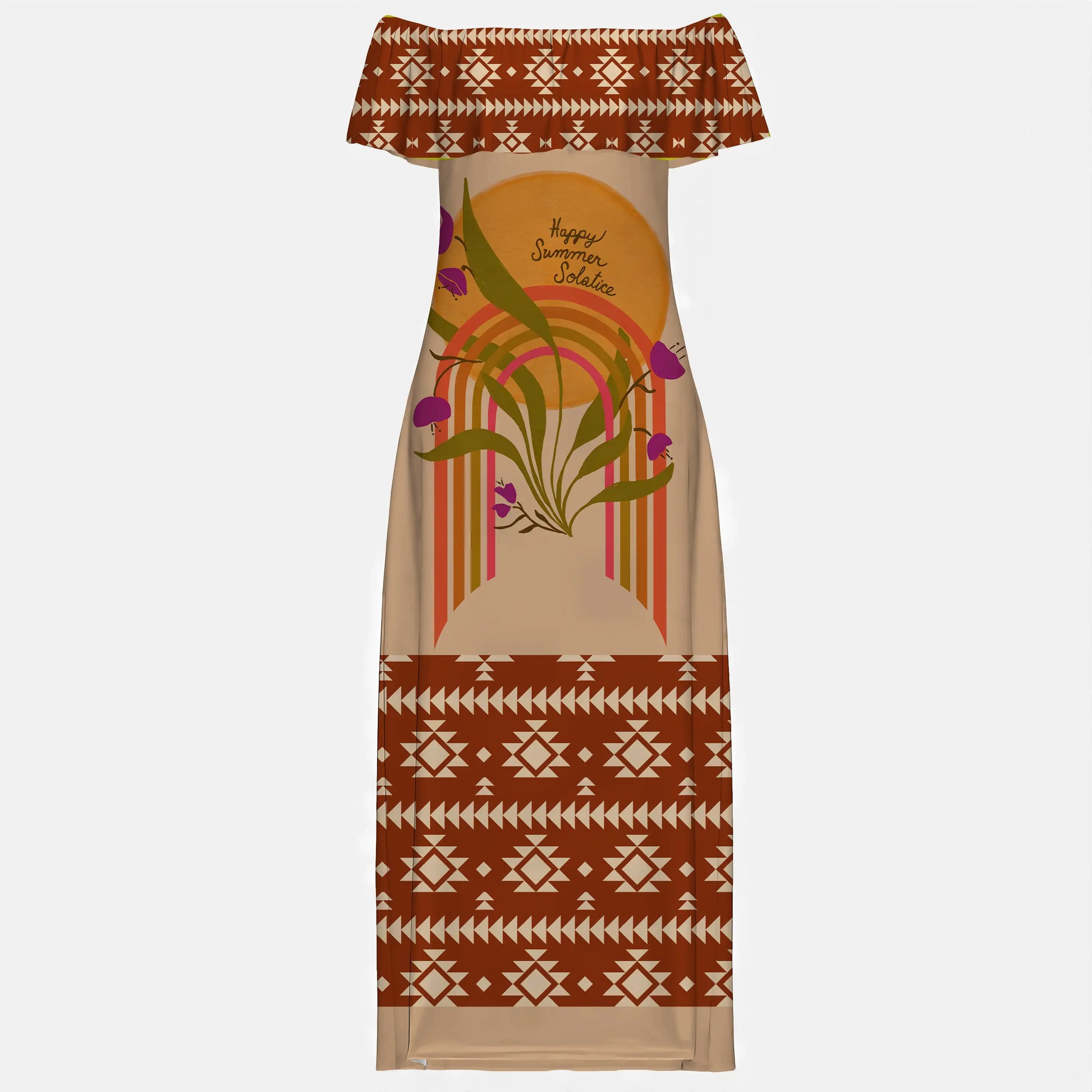 Earth-toned long dress with “Happy Summer Solstice” sun and floral graphics
