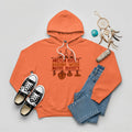 Orange hoodie featuring brown teepee and feather totem graphic with quote “American History Begins with Native History.