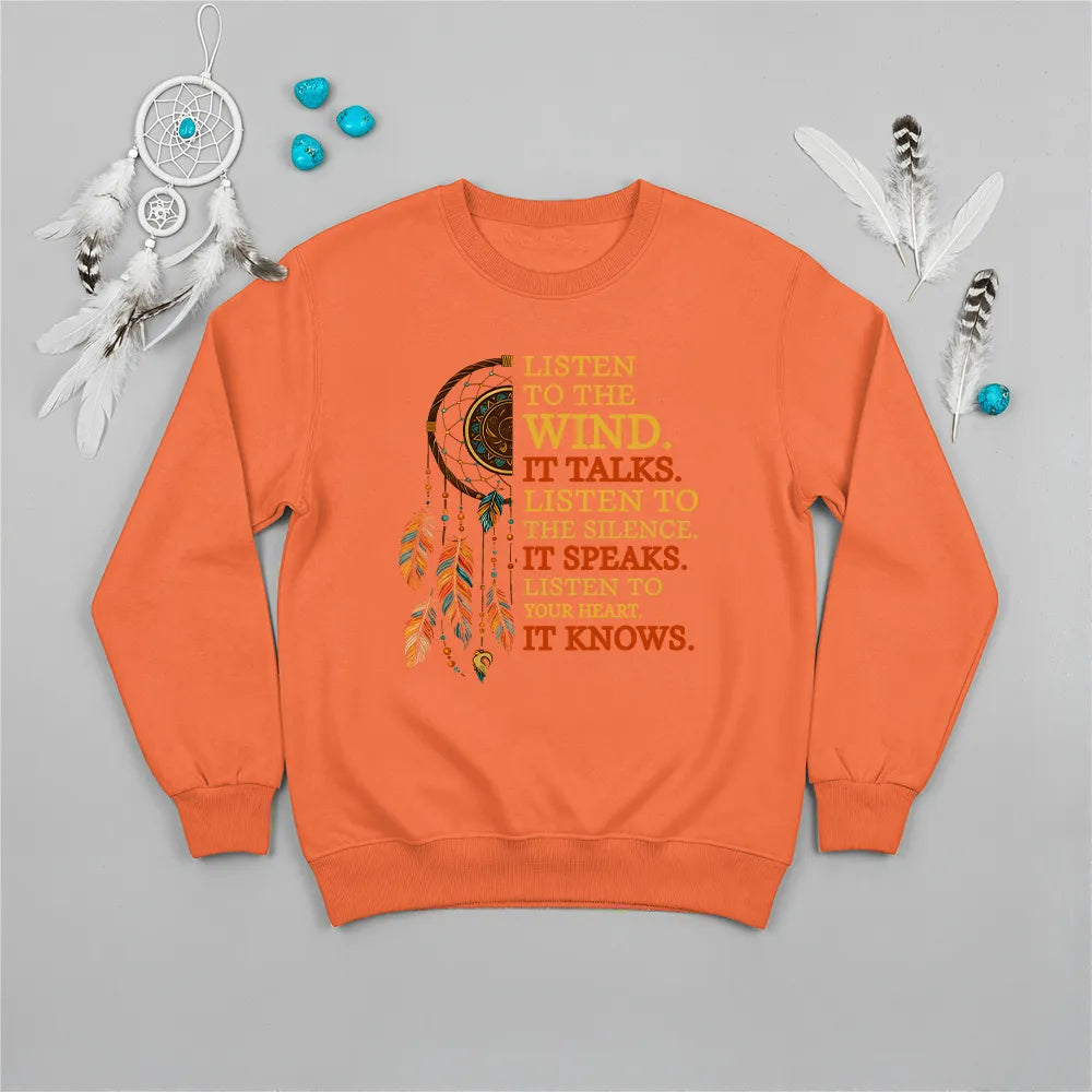 Orange sweatshirt with Native America inspired quote and dreamcatcher design