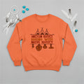 Orange crewneck sweatshirt featuring a sacred teepee and feather totem design with the quote “American History Begins with Native History.