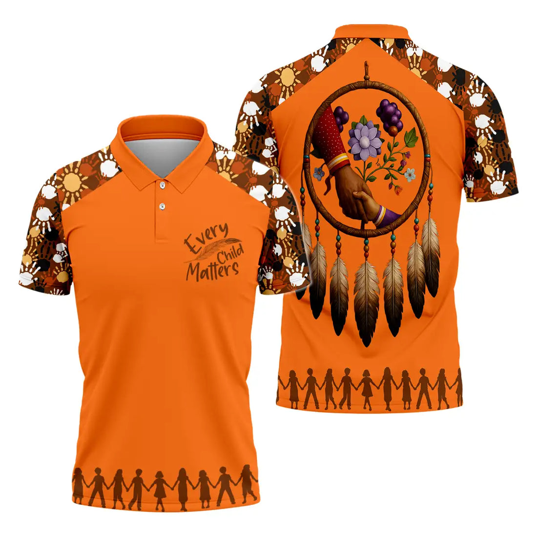 Orange polo shirt with feathers, hands shaking inside dreamcatcher, handprint motifs