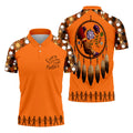 Orange polo shirt with feathers, hands shaking inside dreamcatcher, handprint motifs