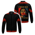 A bomber jacket with a red handprint design to raise awareness for Missing and Murdered Indigenous Women (MMIW), featuring Native American-inspired details.
