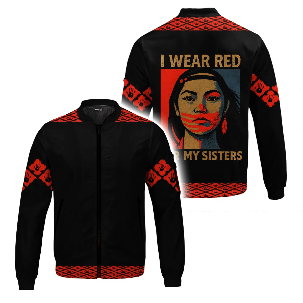 A bomber jacket with a red handprint design to raise awareness for Missing and Murdered Indigenous Women (MMIW), featuring Native American-inspired details.