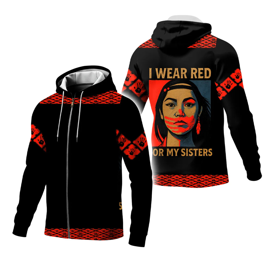 A fleece jacket with a red handprint design to raise awareness for Missing and Murdered Indigenous Women (MMIW), featuring Native American-inspired details.