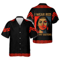 A Hawaiian shirt with a red handprint design to raise awareness for Missing and Murdered Indigenous Women (MMIW), featuring Native American-inspired details.