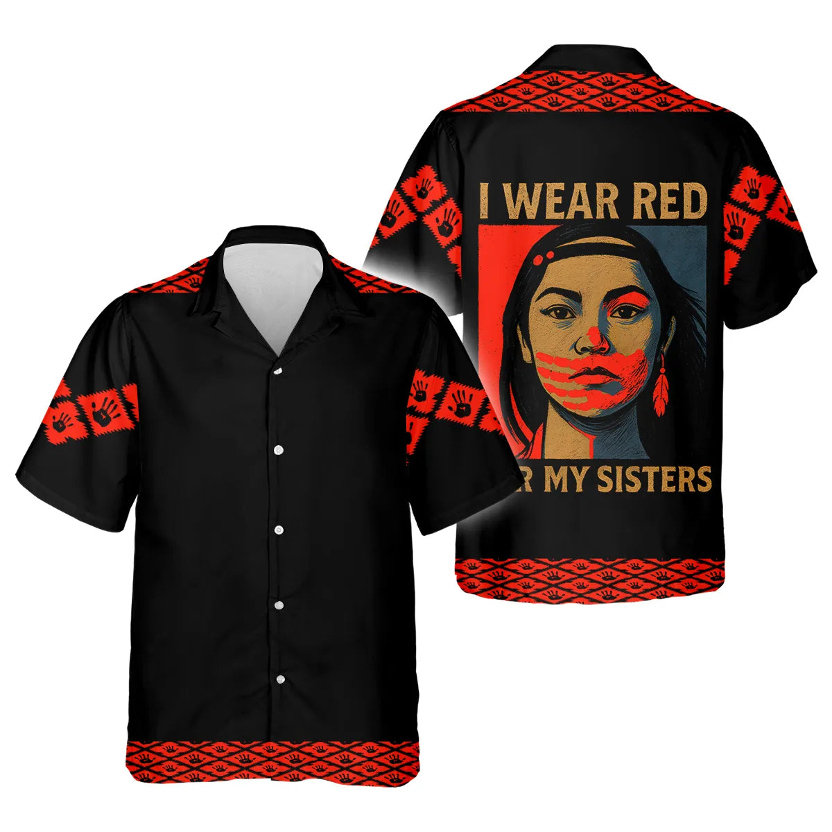 A Hawaiian shirt with a red handprint design to raise awareness for Missing and Murdered Indigenous Women (MMIW), featuring Native American-inspired details.
