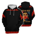 A hoodie with a red handprint design to raise awareness for Missing and Murdered Indigenous Women (MMIW), featuring Native American-inspired details.